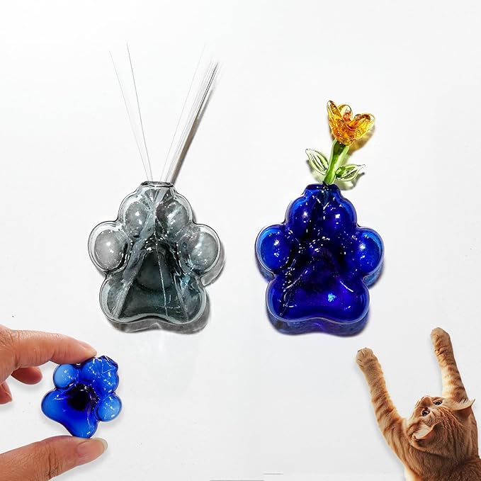 Nuvretk 2PCS Cat Whisker Holder – Mini Fridge Magnet Vases with Glass Paw Design for Keepsake, Pet Hair, or Flower Display (Blue & Gray)