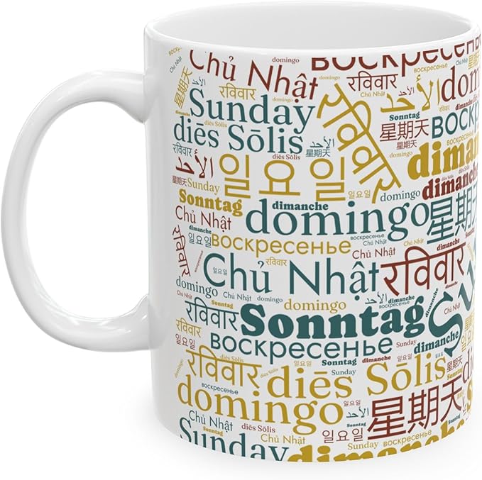 Vintage Sunday Word Cloud Mug | Global Languages Design | Teacher Appreciation Gift