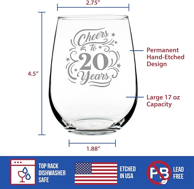 Custom Cheers to 20 Years - Personalized Stemless Wine Glass Gifts for Women & Men - 20th Anniversary or Birthday Party Decor - Large 17 Ounce Glasses - Customized Wine Glass Gift