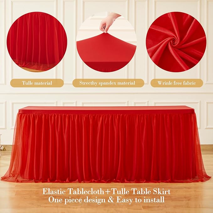 Suppromo Red Tulle Tablecloth for 8 Foot Rectangular Table 8ft Red able Cloths Rectangle Wrinkle Free Table Cover with Tutu Skirt for Wedding Birthday Party Baby Shower Banquet Buffet Cake Event