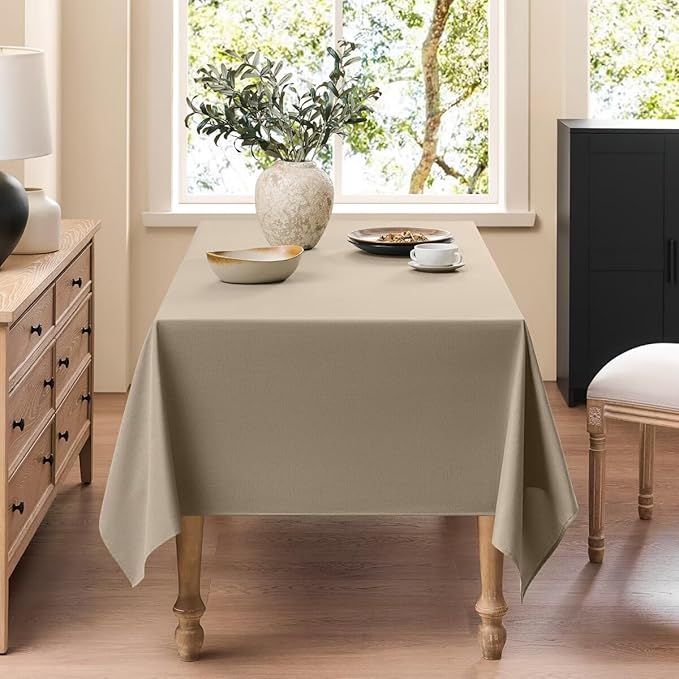 Faux Linen Tablecloths for Rectangle Tables, Burlap Textured Table Cloths Washable Farmhouse Table Cover Water Resistant for Dining, Wedding, Outdoor(Khaki, 60"×84")