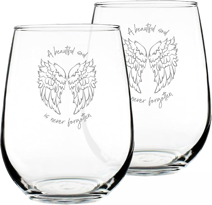 Bevvee Beautiful Soul is Never Forgotten - Stemless Wine Glass Gift - Sympathy Memorial Gifts for Bereavement Loss - Set of 2 - Large 17 Ounce