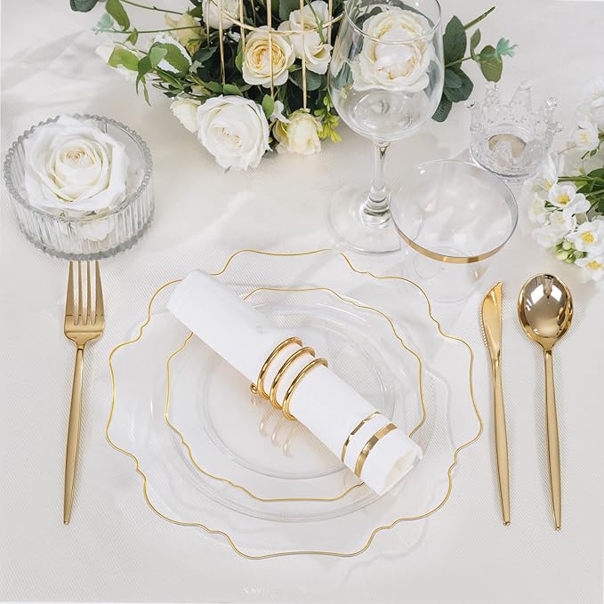 WDF 350Pcs Clear and Gold Plastic Plates - Heavy Duty Clear Plates Disposable - Gold Dinnerware Sets of 100 Plastic Plate 150Silverware 50 Cups 50 Napkins for Wedding/Party/Valentine's Day