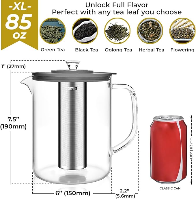 Aquach 85oz Large Glass Teapot & Tea Maker- Stovetop & Dishwasher Safe, Plastic-Free Borosilicate Glass Tea Kettle for Loose Leaf & Iced Tea