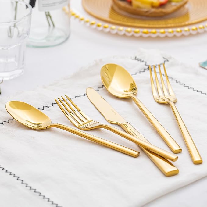 KINGSTONE Gold Silverware Set, 20-Piece Forged Flatware Set Cutlery Set Premium Stainless Steel, Service for 4, for Kitchen, Home, Wedding, Party, Mirror Polished and Dishwasher Safe