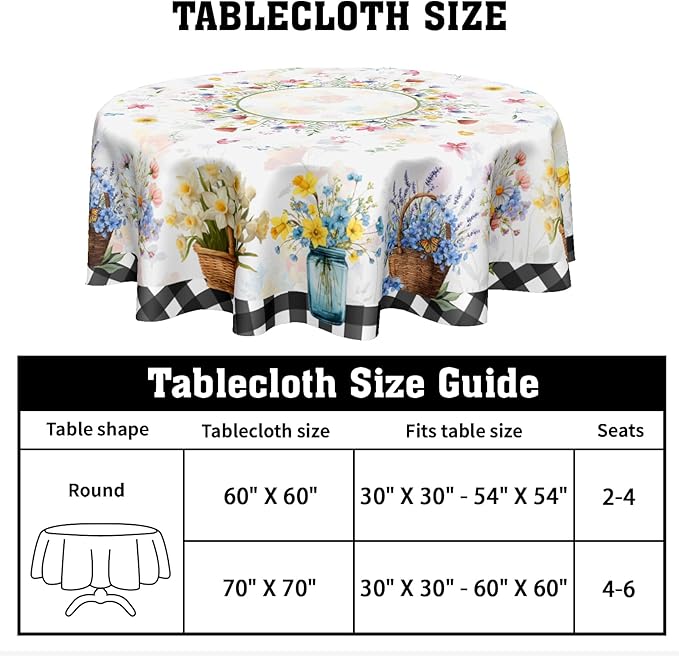 Spring Floral Round Tablecloth 60 Inch Summer Flower Vase Buffalo Plaid Circle Table Cloth Seasonal Holiday Rustic Easter Table Cover for Party Kitchen Dinner Home Decor