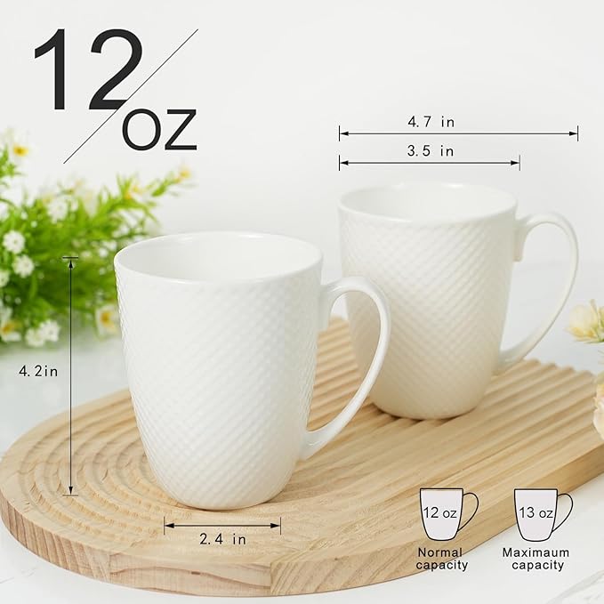 12 Oz White Coffee Mugs Set of 4, Fine Bone China Mugs, White Ceramic Coffee Cups Set, Rhombus Relief Texture, Lightweight Tea Mugs for Latte, Hot Cocoa, Women, Men