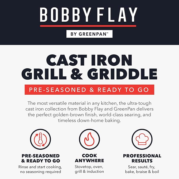 GreenPan x Bobby Flay Smash Burger Press, 6.5" Cast Iron Round Grill Press, Smashed Burgers, Heavy-Duty, Wood Handle, Cookouts & BBQ Tool for Juicy & Crispy Hamburgers Bacon Sandwich, Flat Top Griddle