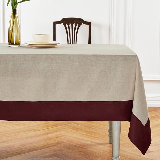 Solino Home Linen Tablecloth 60 x 108 Inch - 100% Pure Linen Burgundy and Natural Rectangular Tablecloth - Machine Washable Table Cloth for Valentines, Winter - Contempo