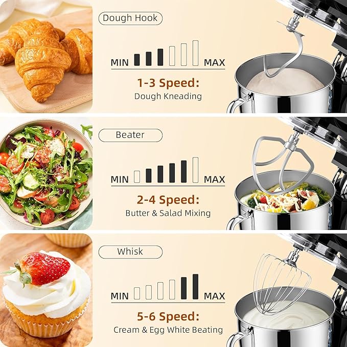Dough Mixer 8.45 QT Electric Mixer - 660W 6 Speed Large Capacity Kitchen Stand Mixer with Whisk Dough Hook Mixing Beater Household Food Mixer for Baking Cakes Cookie Bread Salad(Black)