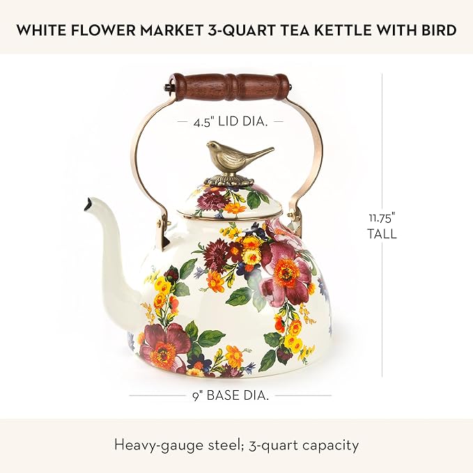 MACKENZIE-CHILDS Enamel Tea Kettle, Cute Kitchen Kettle for Stovetop, 3-Quart Capacity, White Flower Market with Bird Topper