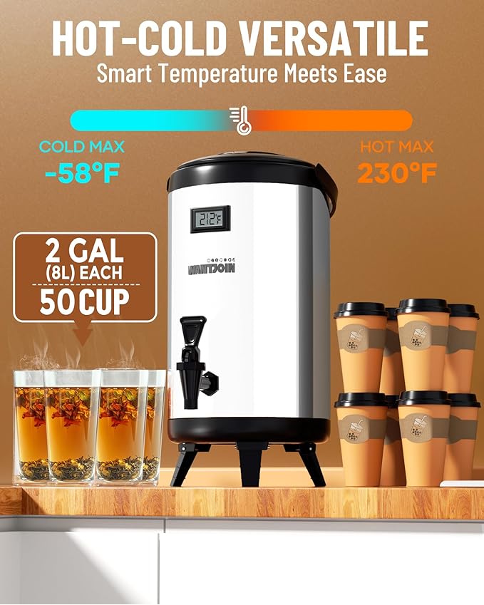 Insulated Beverage Dispenser - 8L/2.1Gal Silver Stainless Steel, Single, LCD Thermometer, Triple-Layer Insulated, Non-Electric Hot & Cold Drink Dispenser for Coffee, Tea