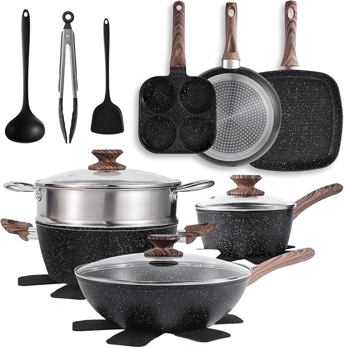 NEWBULIG 17-Piece Nonstick & Non-Toxic Pots and Pans Set, Cookware with Stay-Cool Handles, Induction Compatible, Black