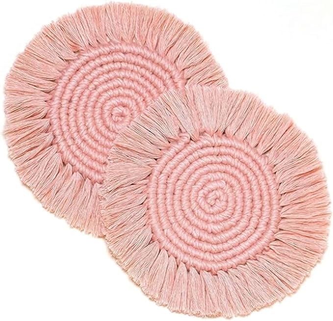 2 PCS Handmade Boho Coasters,100% Cotton Woven Macrame Absorbent Coaster for Drinks,Heat Resistant Cotton Coasters for Coffee Table,Desk Kitchen Dining Room Kitchen,Housewarming Gift
