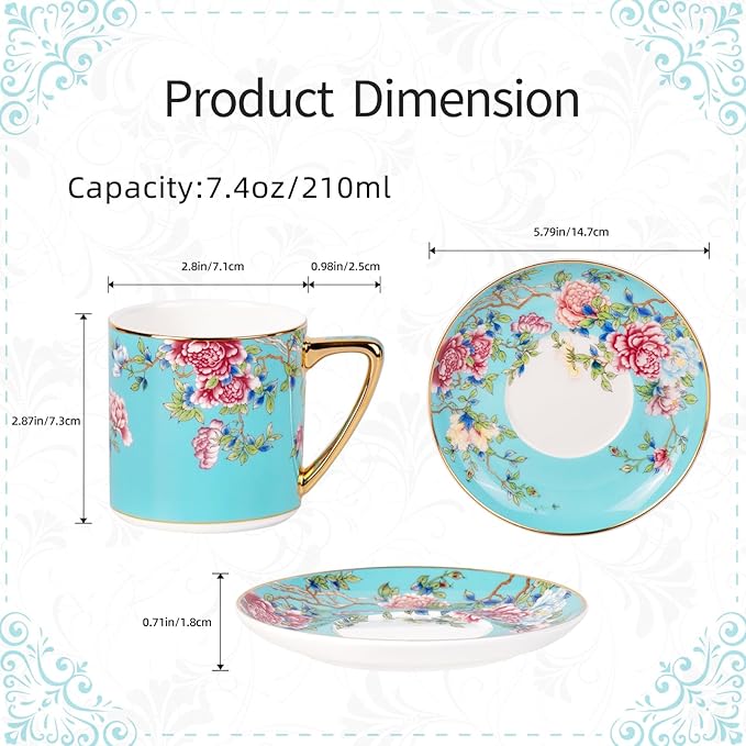 KAMMAK Tea Cups and Saucers Set of 2, Porcelain Coffee Cup with Saucer for Espresso, Cappuccino, 7.5oz Vintage Yellow and Blue Floral Ceramic Novelty Mug for Home, Tea Party, Office