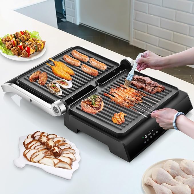 COSTWAY Electric Panini Press Grill, 1200W Gourmet Sandwich Maker w/Non-Stick Double Sided Plates & Removable Drip Tray, 3 in 1 Electric Indoor Gril, Open 180 Degrees to Fit Any Type or Size of Food