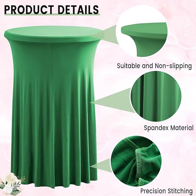 Qubjus 2 Pack Round Cocktail Table Covers with Skirt Stretch Spandex Tablecloth 24"x43" Cocktail Round Tablecloth for Party Wedding Birthday Banquet, Green