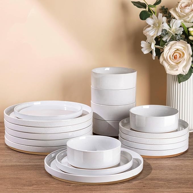 AmorArc Ceramic Dinnerware Set for 4 | Speckled Stoneware Plates and Bowls with unglazed terracotta | Scratch Resistant, Dishwasher & Microwave Safe Dishes Sets- 12-Pcs Milk White
