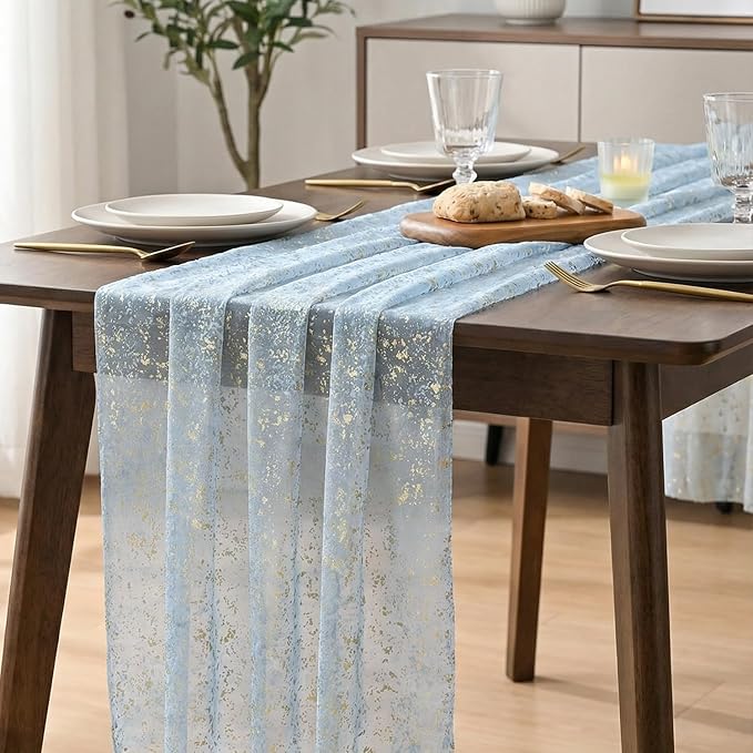 Artoid Mode Gold Gauze Light Blue Table Runner 120 Inch 10FT, Glitter Metallic Foil Sheer Dining Wedding Anniversary Holiday Birthday Table Decor for Home Party