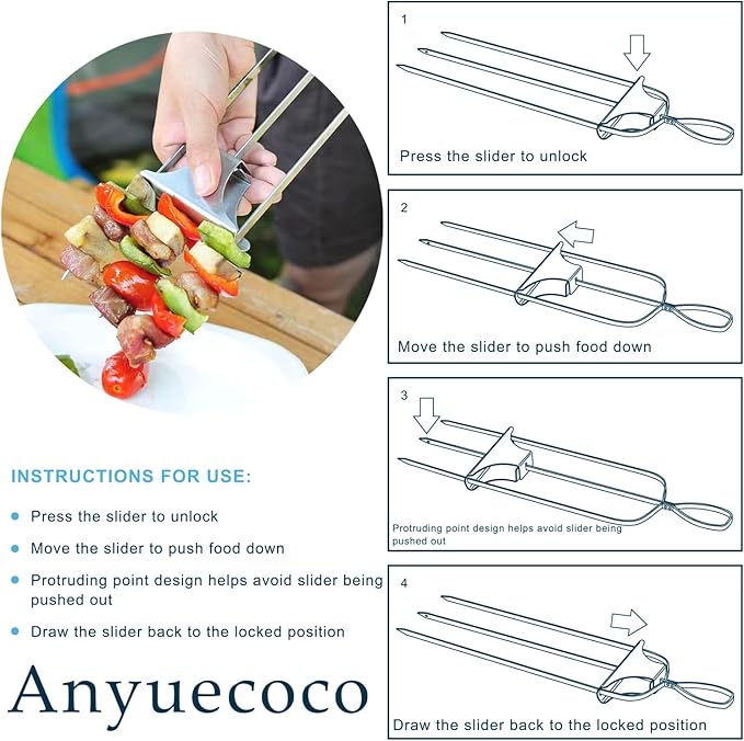 Skewers for kabobs,4-PCS 14 Inch 3-Prong Kabob Skewers for Grilling,Stainless Steel Skewer,With Push Bar Reusable Metal Skewer,Kabob Sticks,Perfect For Meat,Chicken,Sausages,Veggies,shrimp