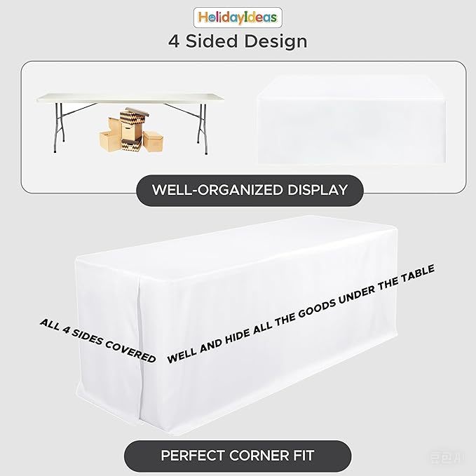 HolidayIdeas Fitted Rectangle Table Cloths 8ft Table Covers for Vendor Booth Display, Banquet, Wedding, Parties,30x96 Inch, White, 6 Pcs