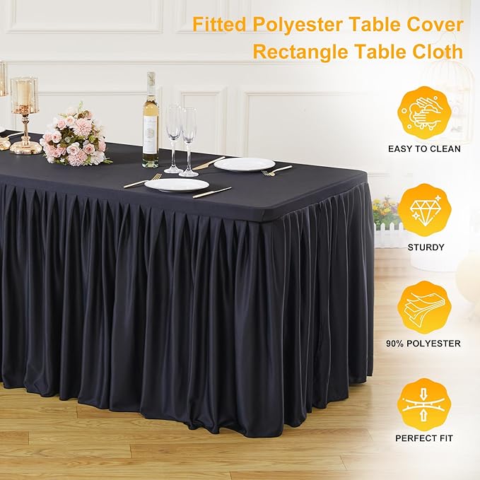 Wish Care 6 Pack Black Rectangle Table Clothes for 8 Foot Tables, Polyester Fitted Tablecloths 8ft Stretch Table Cover for Wedding, Birthday, Parties, Trade Show, Craft Show