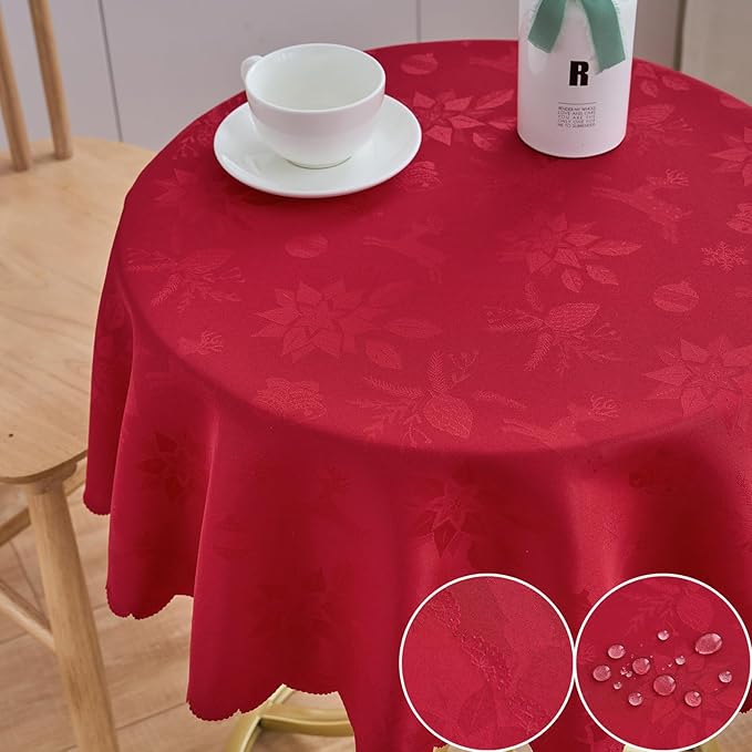 Christmas Round Tablecloth Red Small 40 Inch Table cloths Up to 26" Dia Tables Leaves Pattern Scalloped Edge Waterproof Washable Jacquard Table Cover-Kitchen Dinner Decor Talking Coffee Bar