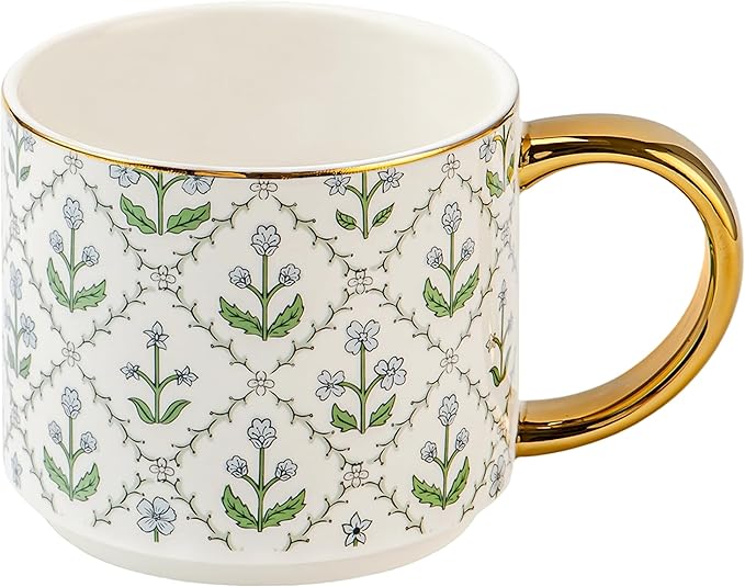 Sweet Water Decor Floral Quilted Coffee Mug, Vintage Floral Design with Gold Handle & Rim, 14oz Fine Bone China Tea Cup, Cottage Core Spring Collection, Cute Gifts for Mother's Day, & Women's Birthday