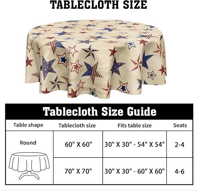 4th of July Round Tablecloth 70 Inch Patriotic Vintage Red and Blue Star Memorial Day Polyester Table Cloth Independence Day Table Cover for Kitchen Dinner Home Decor