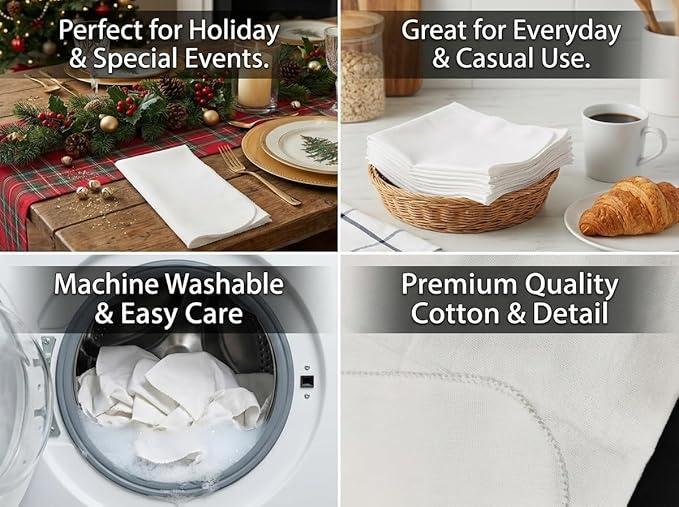 Lightnpro Cotton Napkins Set of 12, Dinner Cloth Napkins with Pico Cut Edges, Washable and Reusable for Dining, Parties, Weddings, Holiday & Everyday Use - 18x18 Inch White Color