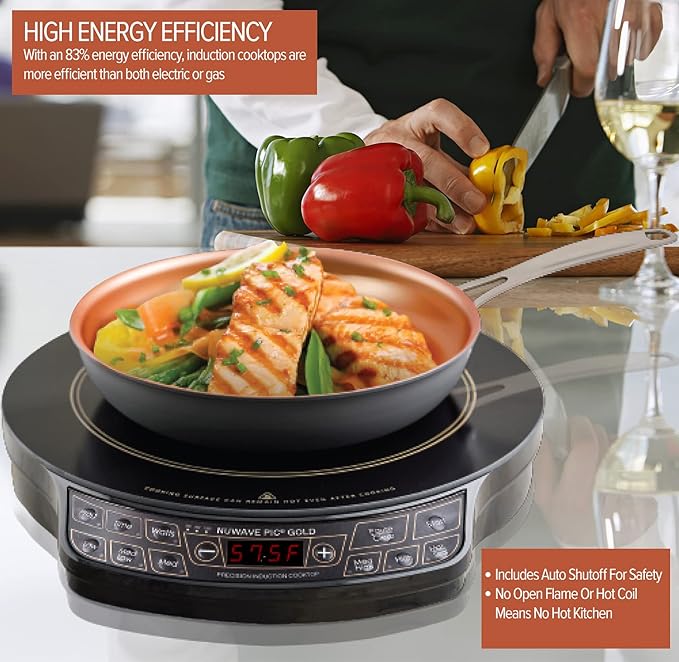 Nuwave Gold Precision Induction Cooktop, Portable, Large 8” Heating Coil, 12” Shatter-Proof Ceramic Glass Surface, 3 Wattage Settings 600, 900, and 1500 Watts, 9” Duralon Non-Stick Fry Pan Included