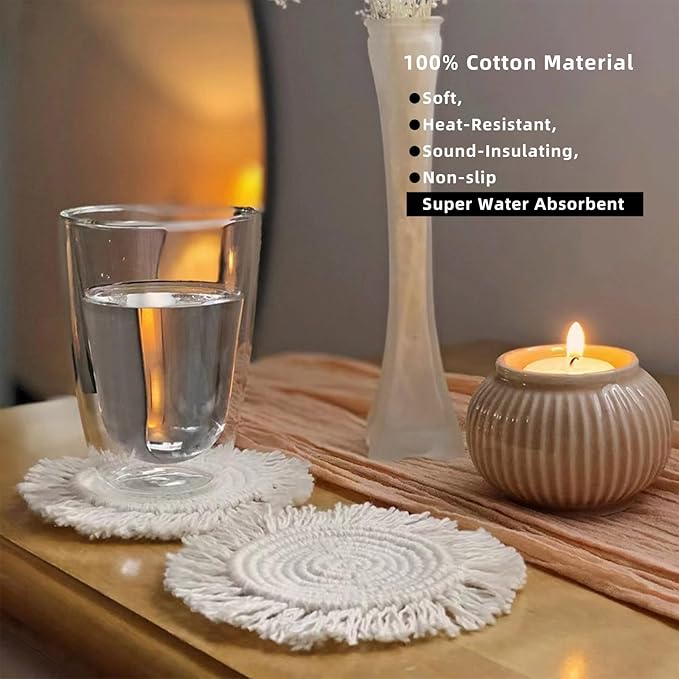 2 PCS Handmade Boho Coasters,100% Cotton Woven Macrame Absorbent Coasters for Drinks,Heat Resistant Office Cotton Coaster for Coffee Table,Desk Kitchen Dining Room Kitchen,Housewarming Gift(