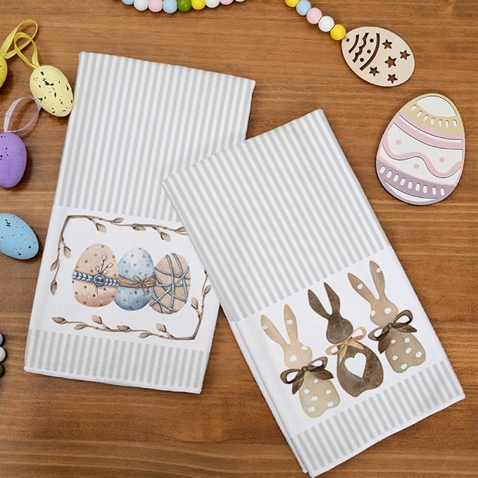 ARKENY Easter Kitchen Towels Beige Bunny Dish Cloths 18x26 Inch Ultra Absorbent Bar Drying Cloth Eggs Hand Towel for Kitchen Bathroom Party Easter Decorations Set of 2