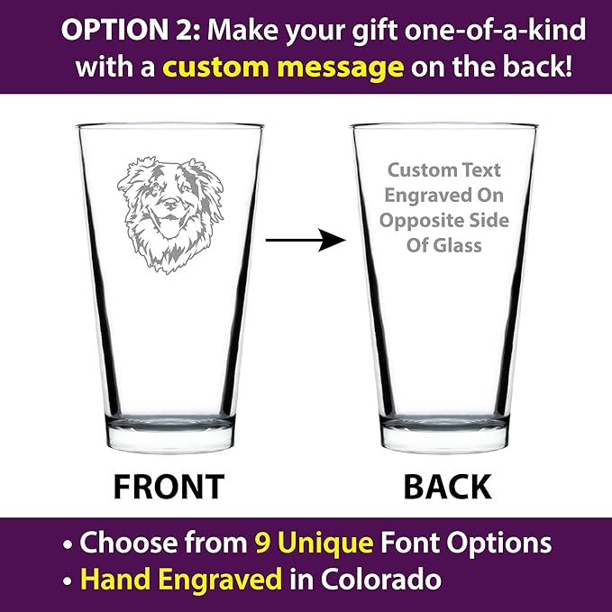 Custom Australian Shepherd Face Pint Glass for Beer - Unique Dog Themed Decor and Gifts for Moms & Dads of Aussies - 16 Oz - Customized Glasses