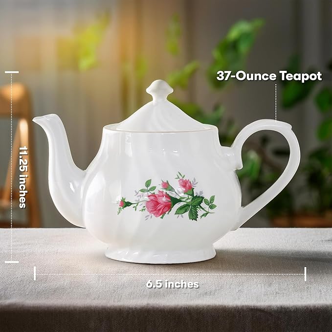 Lynns Porcelain Vintage Teapot with Embossed Swirls 37oz Tea Pot Classic White Tea Set for Parties & Celebrations Ideal Teapot for Tea Cups & Saucers Perfect for Tea Parties - Vintage Rose