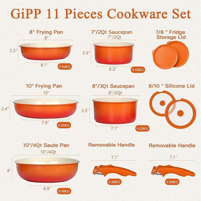 GIPP 11pcs Pots and Pans Set Non Stick, Nonstick Cookware Set Detachable Handle,Ceramic Pots for Cooking Non Stick with Removable Handle, RV Cookware Set, Orange Gradient