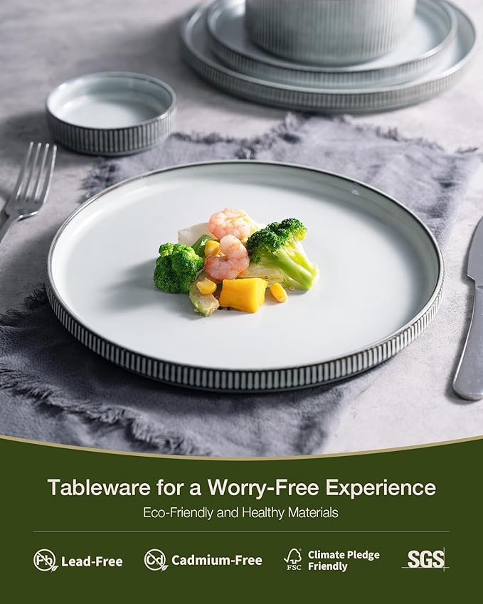 Famiware Star Dinnerware Set with Pasta Bowls, Service for 4 (16pcs), Ribbed Stoneware Plates and Double Bowls Dishes Sets - Chip & Scratch Resistant, Microwave & Dishwasher Safe, Smoky Blue
