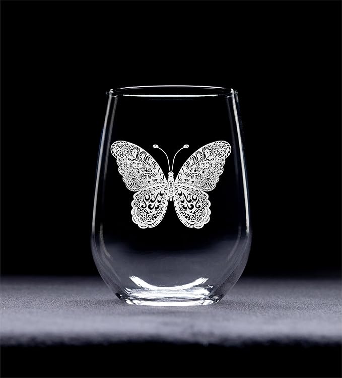 C M Butterfly Stemless Wine Glass, 17 oz - 1 Piece - Butterfly Themed Gift for Men and Women (Style B2)