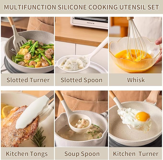 Silicone Cooking Utensils Set, Kitchen Utensils Set 13 Pcs for cooking, BPA Free Spatula Set with Heat Resistant Wood Handles for Nonstick Cookware (White)