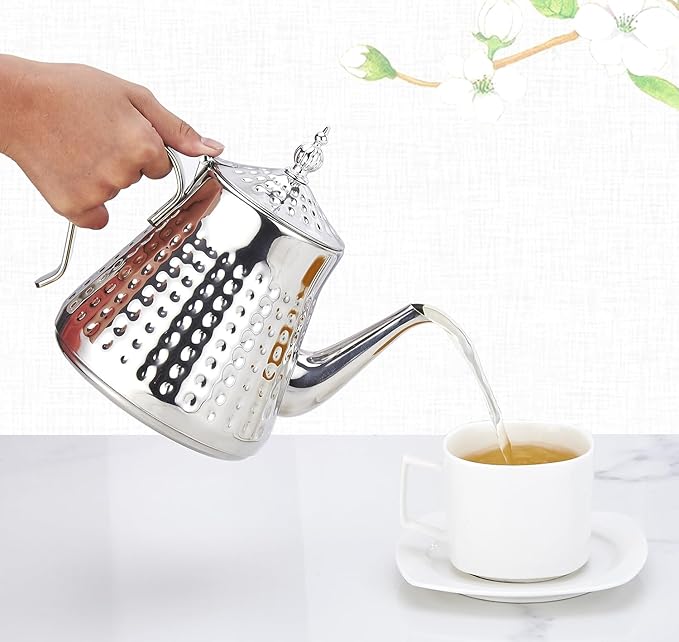 SANQIAHOME 1.2L(40oz) Stainless Steel Hammer Patterned Teapot With Removeable Infuser,Loose leaf cover,Silver