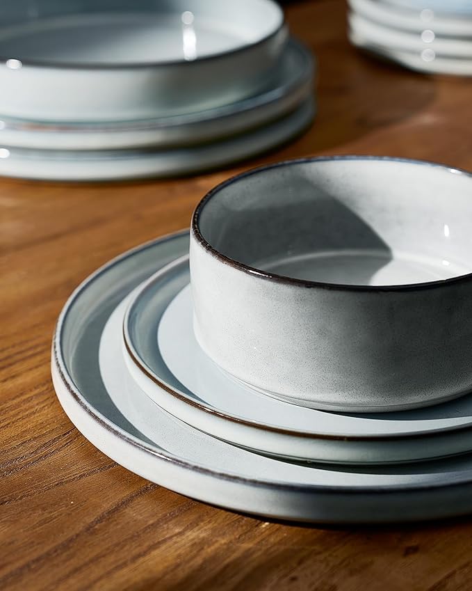 Famiware Annecy Plates and Bowls Sets, 12 Pieces Dinnerware Sets, Microwave and Dishwasher Safe Dishes Set for 4, Chip and Scratch Resistant, Grey-Blue