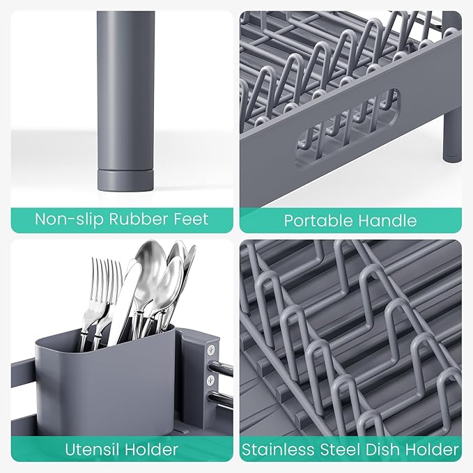 TOOLF Dish Drying Rack with Drainboard, Extendable Dish Rack for Kitchen Counter, Expandable Dish Drainer, Dish Strainer, Foldable Home Countertop Plate Storage Rack with Cutlery Holder, Gray