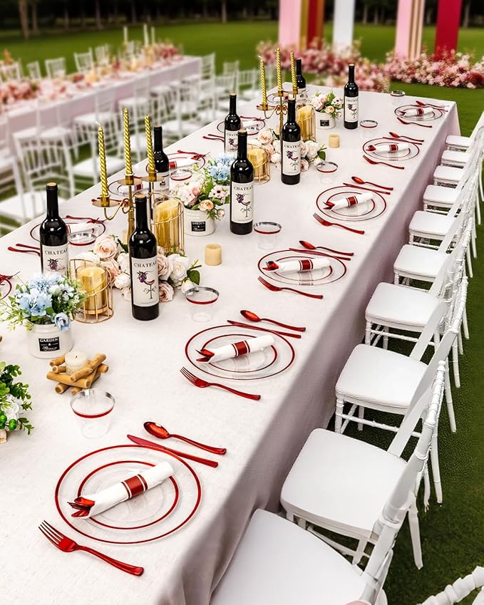 350PCS Disposable Clear Red Dinnerware Sets for 50 Guests, Plastic Plates for Party, 100 Plastic Plates, 50 Cups,50 Pre-Rolled Napkins with Cutlery for Parties, Christmas, Wedding