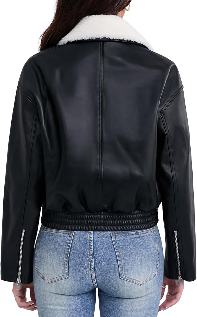 SILVER FASHIONS Leather Jacket Women,Cropped Lambskin Bomber Jacket,Removable Sherpa Collar, Zip Front, Elasticized Hem