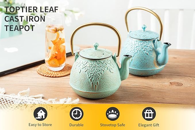 Tea Kettle, TOPTIER Japanese Cast Iron Tea Kettle with Infuser for Loose Leaf and Tea Bags, Stovetop Safe Cast Iron Teapot Coated with Enameled Interior for 40 oz (1200 ml), Turquoise Blue
