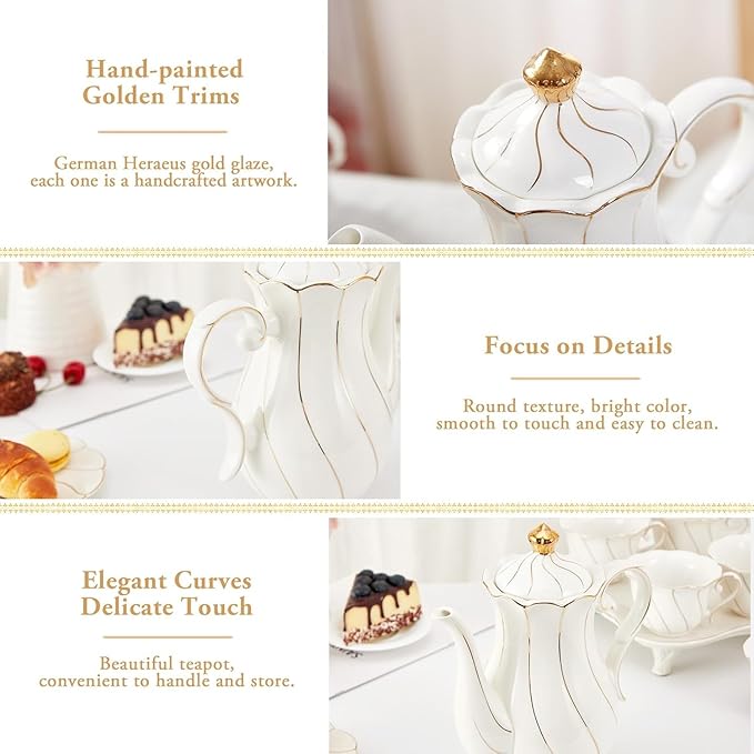 DUJUST British Style Porcelain Teapot (40oz), Luxury Ceramic Teapot with Golden Trim, Food Grade Tea Pot with Built-in Filter, for Tea Party & Home Décor - White
