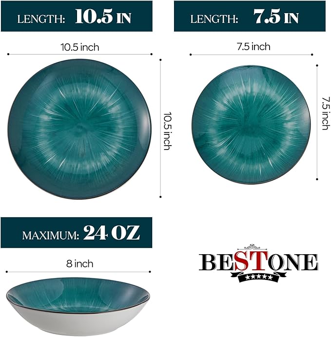 Bestone Porcelain Dinnerware Sets Service for 4, 12 pcs Hand drawn Plates and Bowls Sets, Handmade Ceramic Dish Set, Chip Resistant Modern Plate Set, Dishwasher/Microwave Safe，Starburst Green