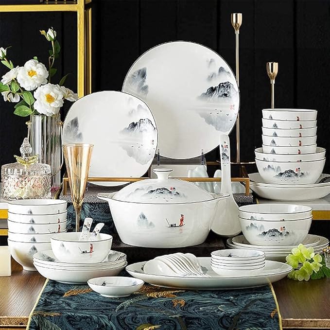 Dinnerware Set, Plates and Bowls Sets, Chinese Style Porcelain Set Dinner Dishes Set Plates/Bowls/Spoons and Soup Pot Service for 12, 60-Piece