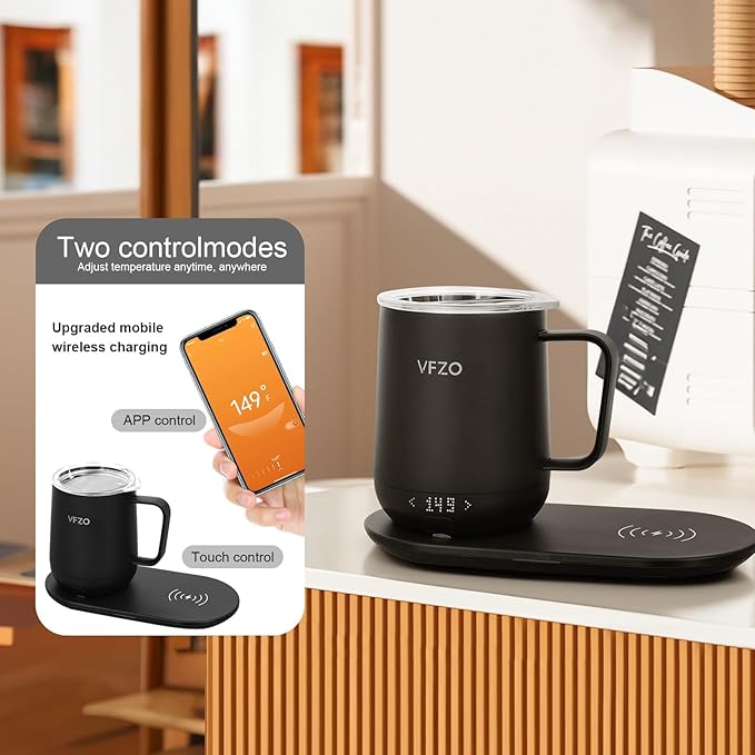 Temperature Control Smart Mug, Self Heating Coffee Mug LED Display, 180 Min Battery Life - Hot up to 149℉ Fast Wireless Charger Base Improved Design (12oz, Black)