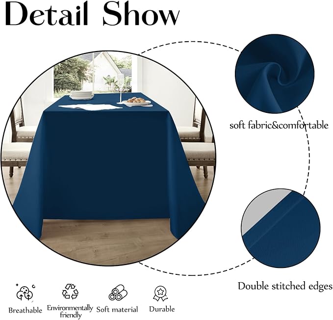 Rectangle Tablecloths 90x132 Inch 2 Pack Navy Blue Tablecloth for 6ft Washable Decorative Linen Polyester Table Cloths for 8ft Dining Table Banquets Buffet Parties and Wedding